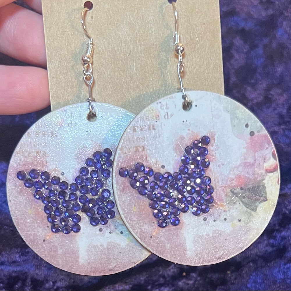 Purple and Silver Butterfly Dangle Earrings